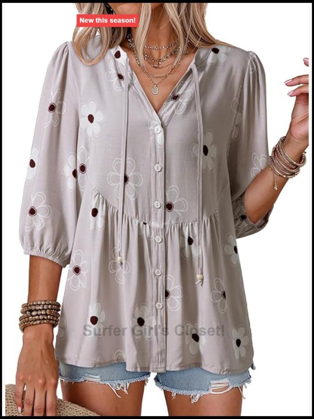 Boho Floral Short Sleeve Button Down V Neck Peplum Blouse